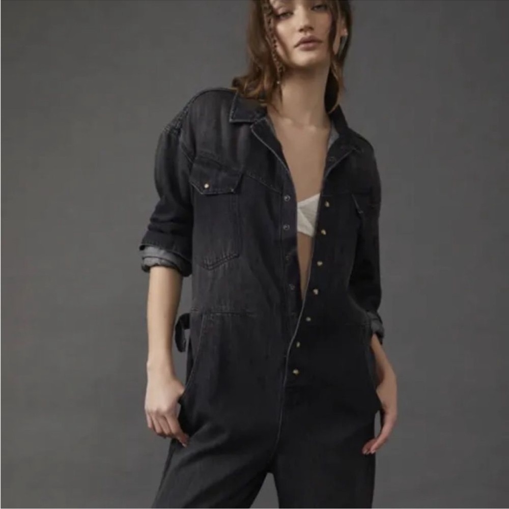 NWOT Free People Townes Denim Coverall Pearl Snap Up Relaxed Black Size small